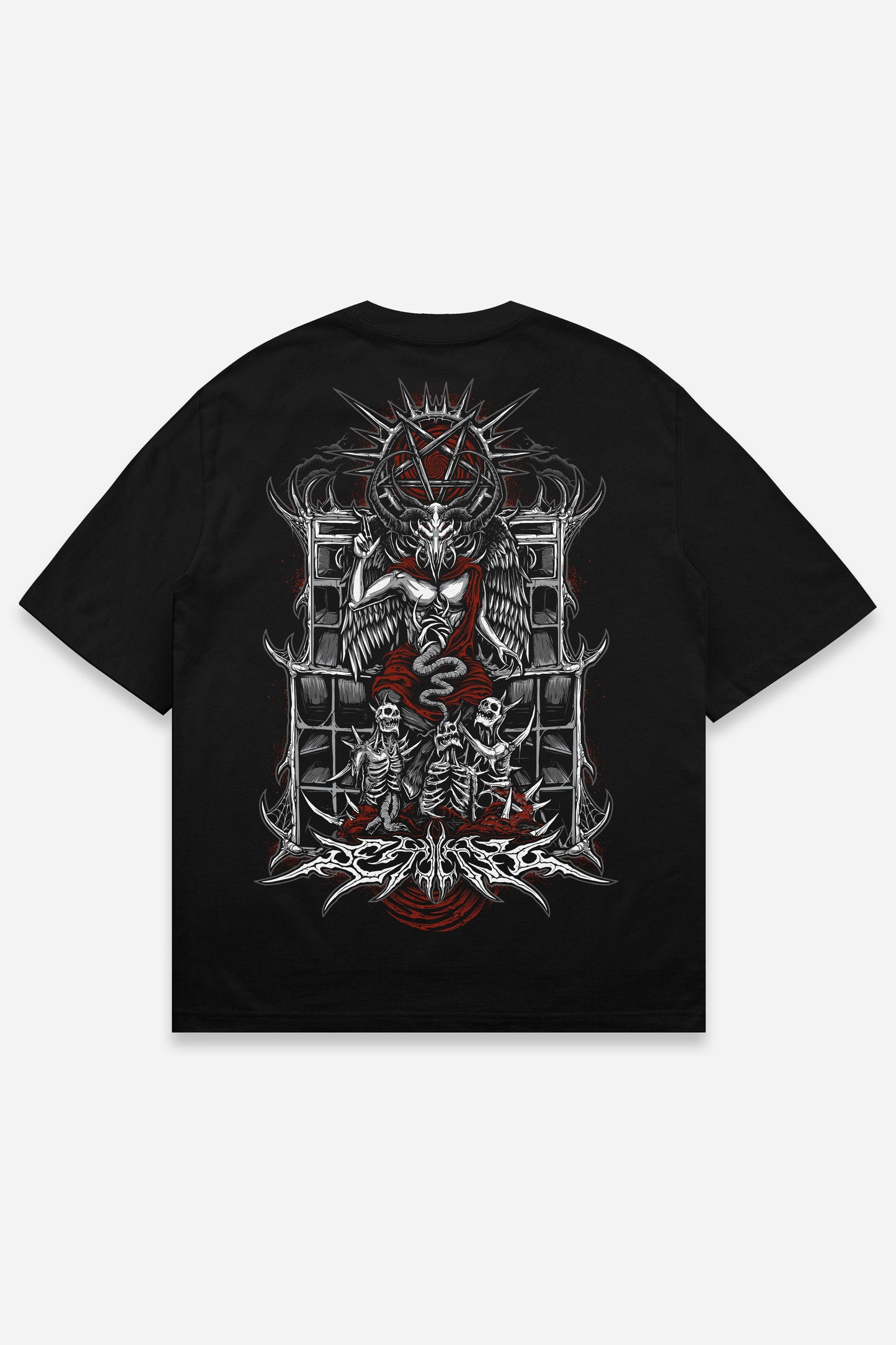 T-shirt 666 red noir oversize, dos : design tattoo dark art démon occulte, free party, Etilik Wear