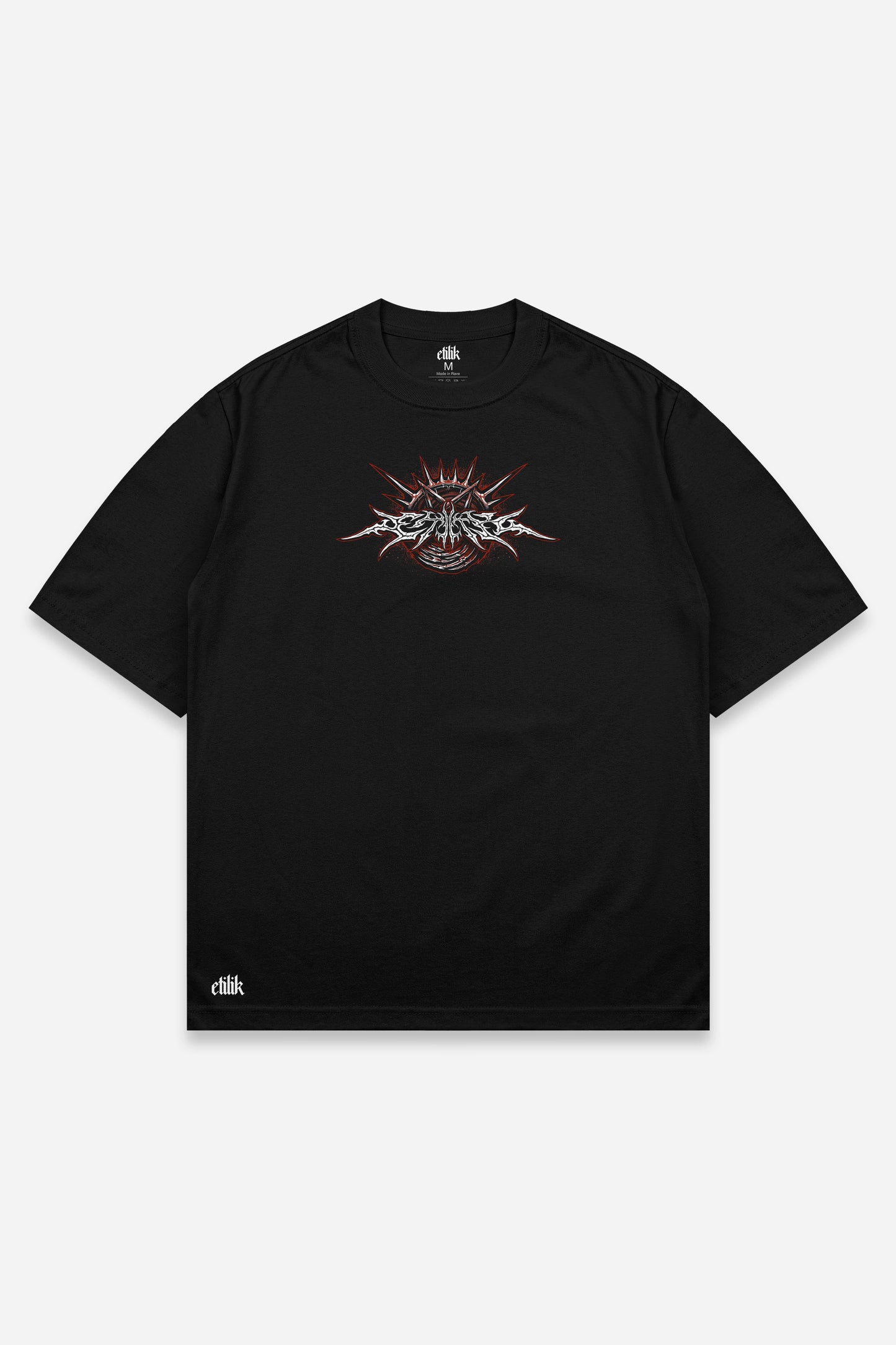 T-shirt 666 red noir oversize, face : design tattoo dark art démon occulte, free party, Etilik Wear