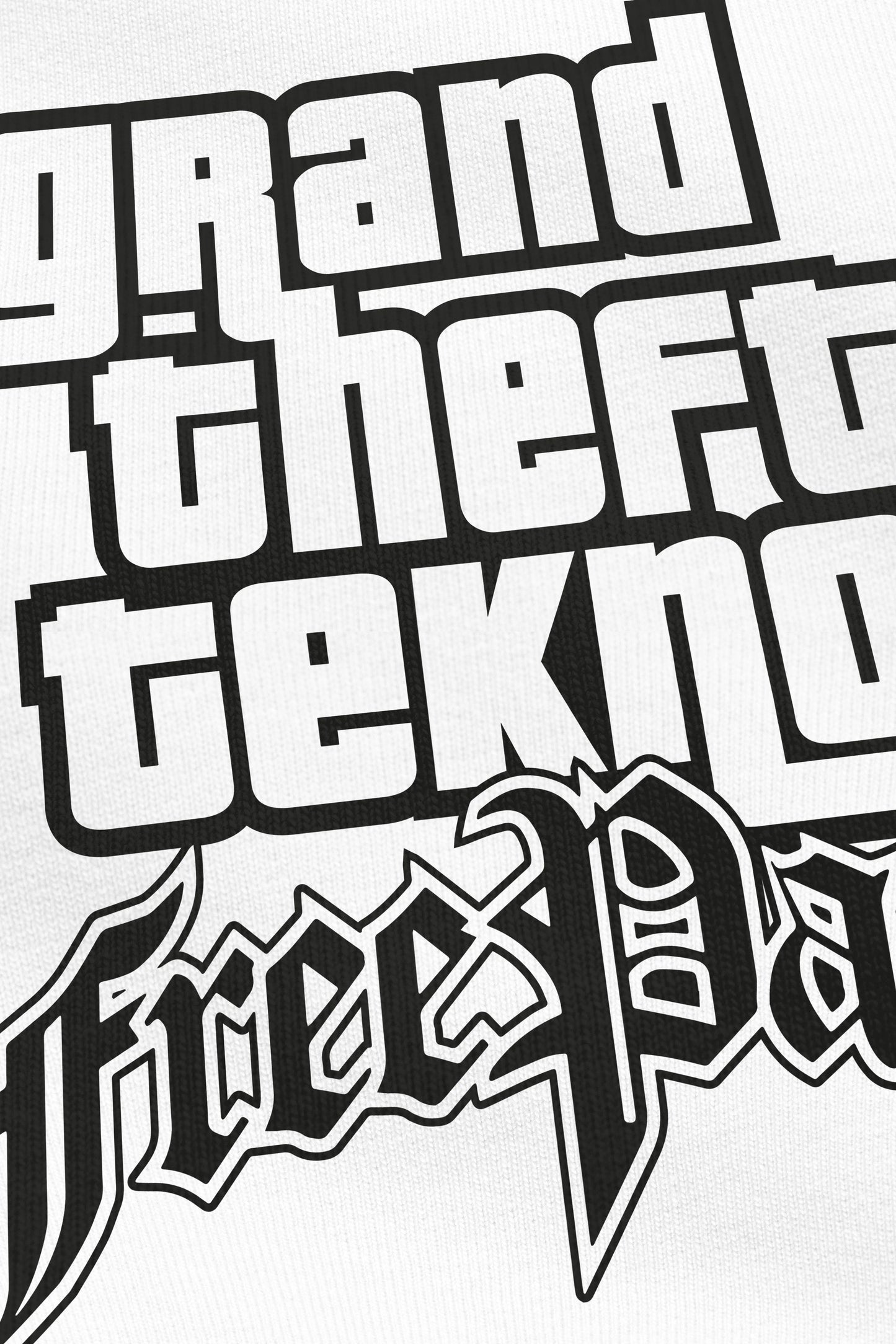 Grand Theft Tekno blanc, zoom sur l'impression du visuel, Etilik Wear