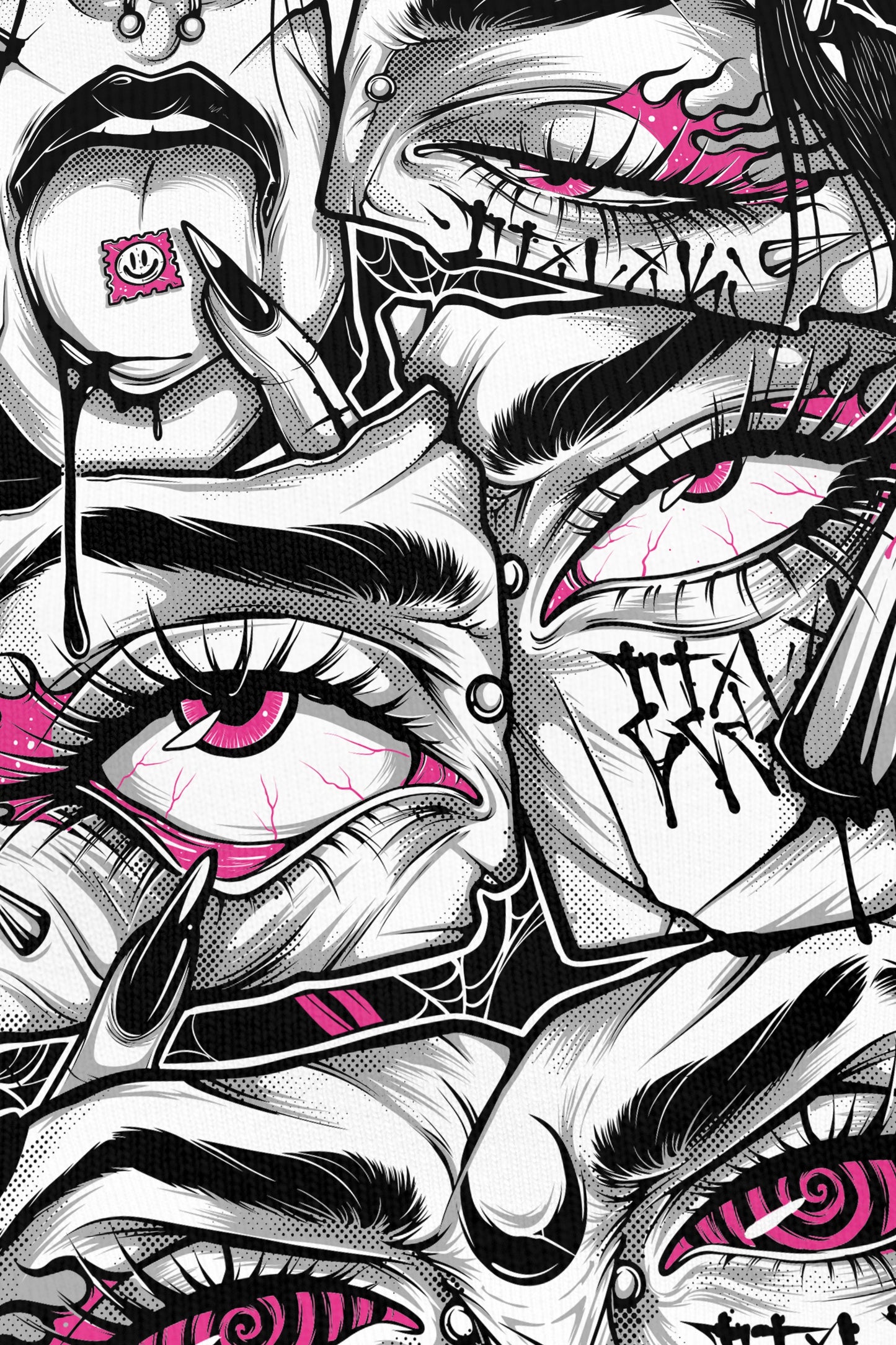 Lysergik Pink noir, zoom sur l'impression du visuel, Etilik Wear