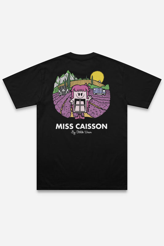 T-shirt Miss Caisson noir coupe régular, dos : Madame Caisson, personnage enceinte de sound system, Etilik Wear