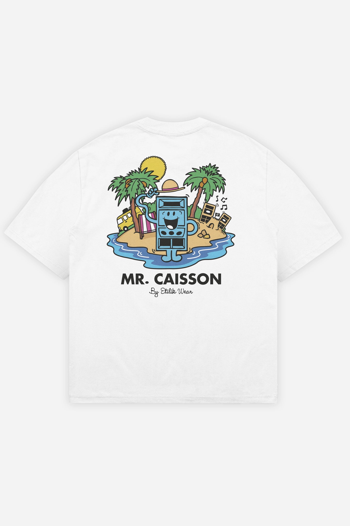 T-shirt Mr Caisson blanc oversize, dos : Monsieur Caisson, personnage de sound system, Etilik Wear