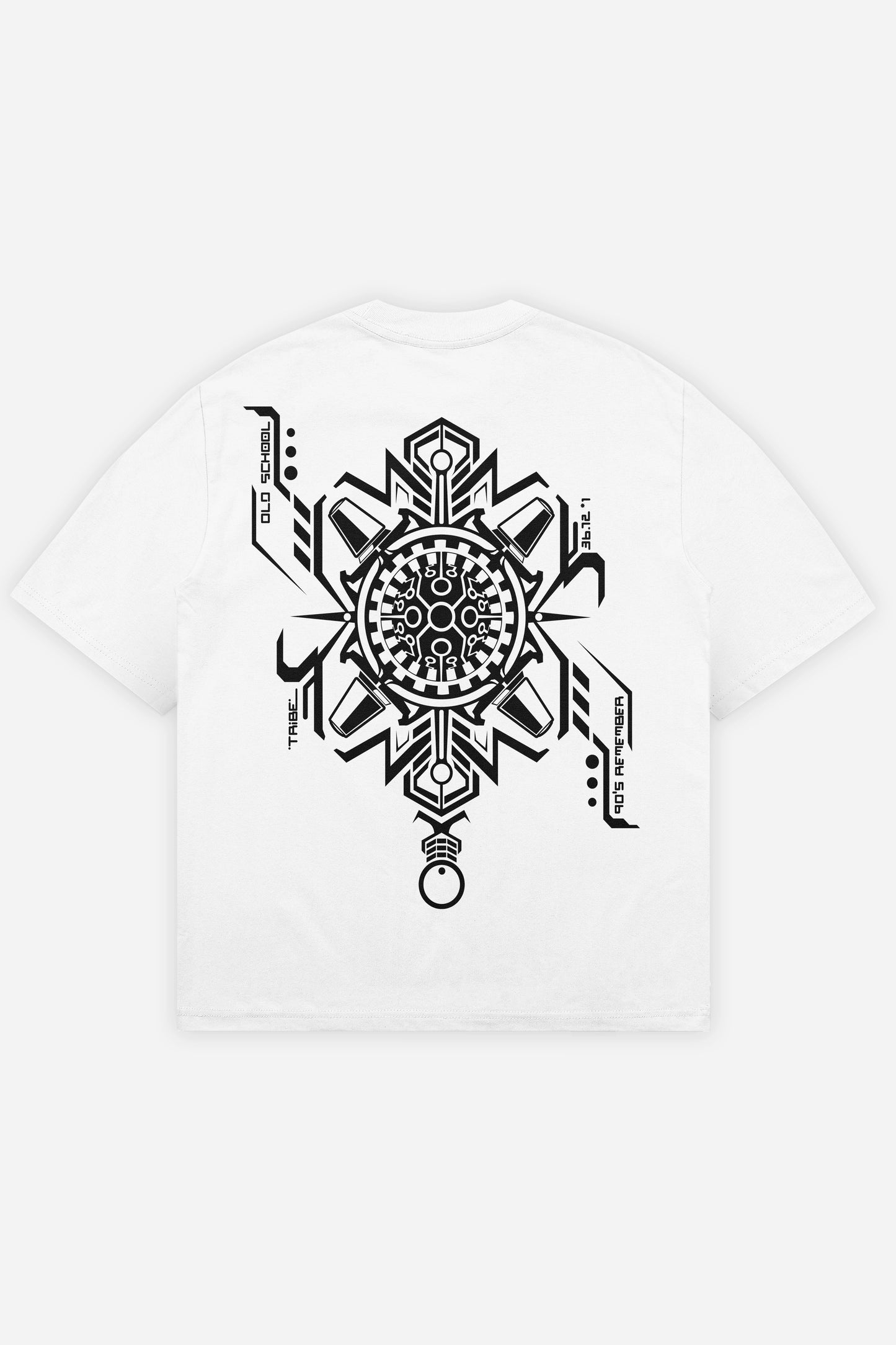T-shirt OldSchool blanc oversize, dos : design free party old school, teuf rave techno, Etilik Wear