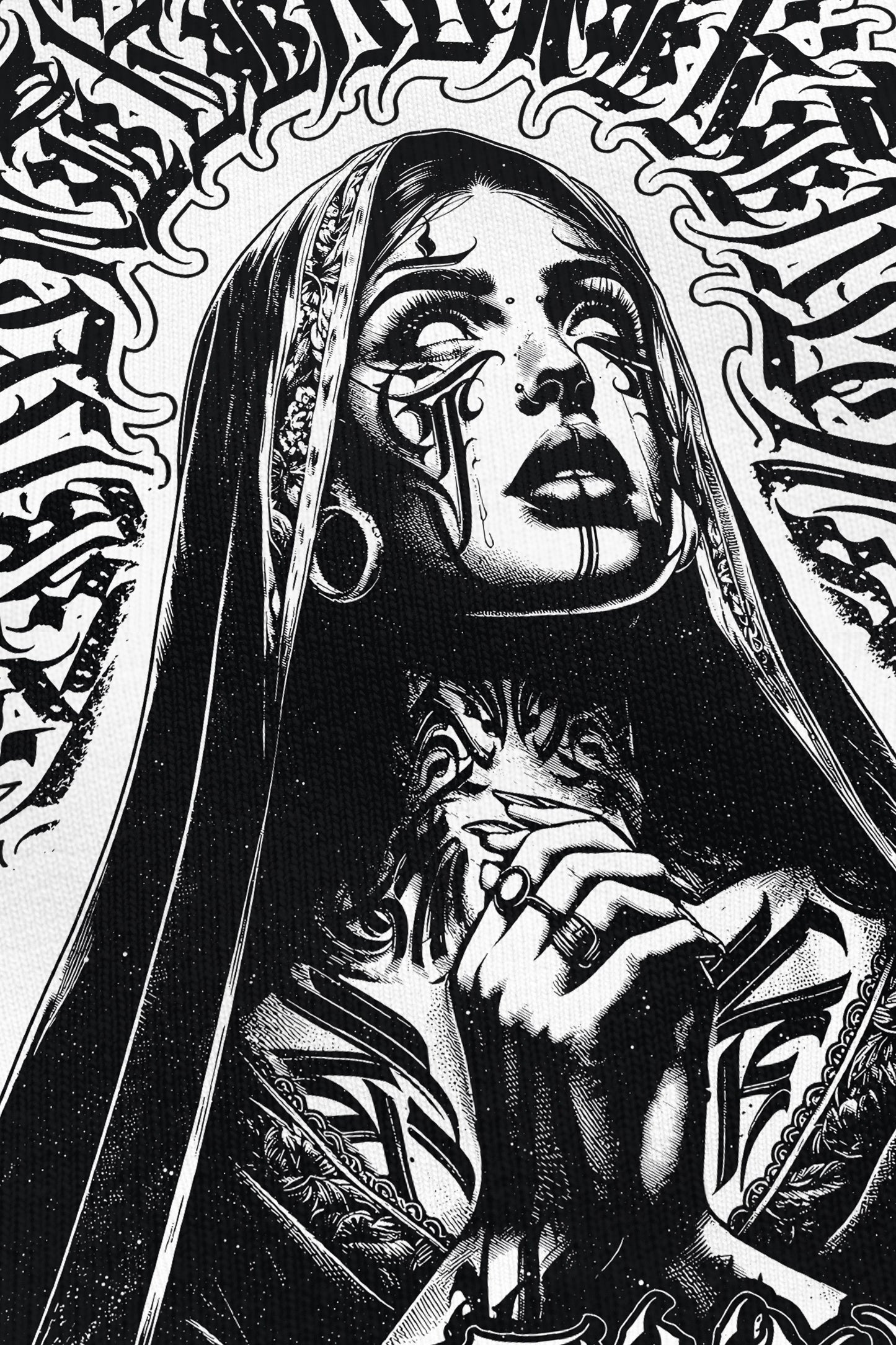 Pray for the Rave blanc, zoom sur l'impression du visuel, Etilik Wear