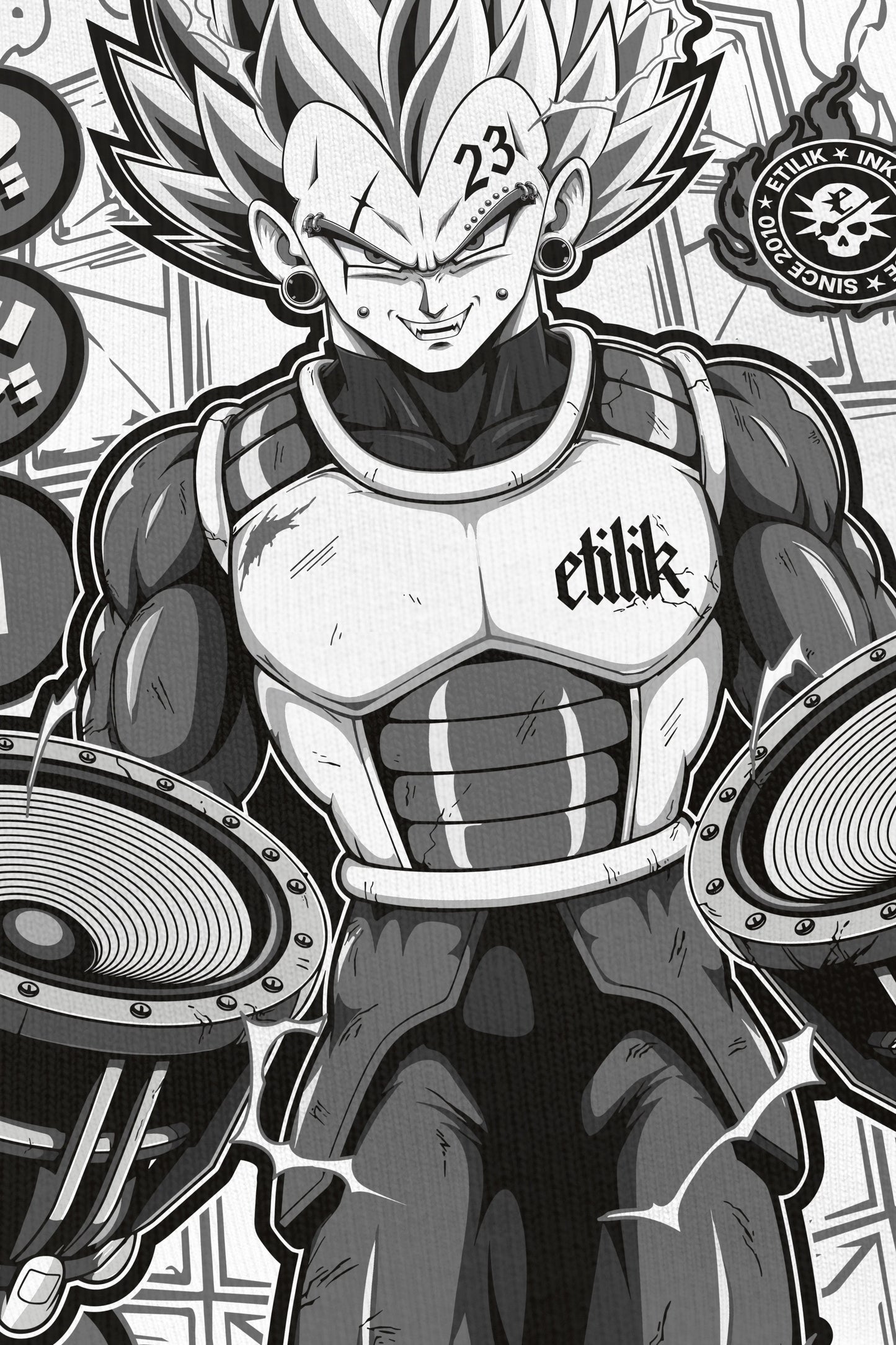 Vegebass blanc coloris grey, zoom sur l'impression du visuel, bootleg Vegeta Dragon Ball Z, Etilik Wear