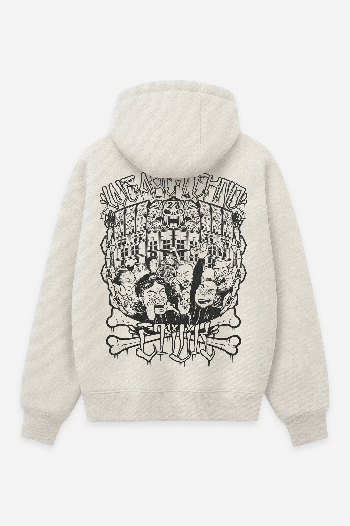 Hoodie We are Tekno vanilla, dos : design tattoo old school à iconographie religieuse, sweat à capuche Etilik Wear