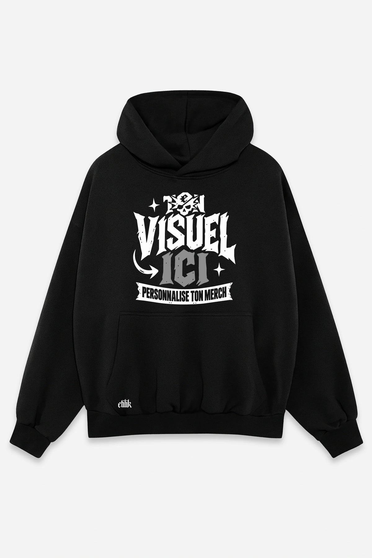 Sweat à capuche personnalisé noir, face avant, exemple avec un visuel