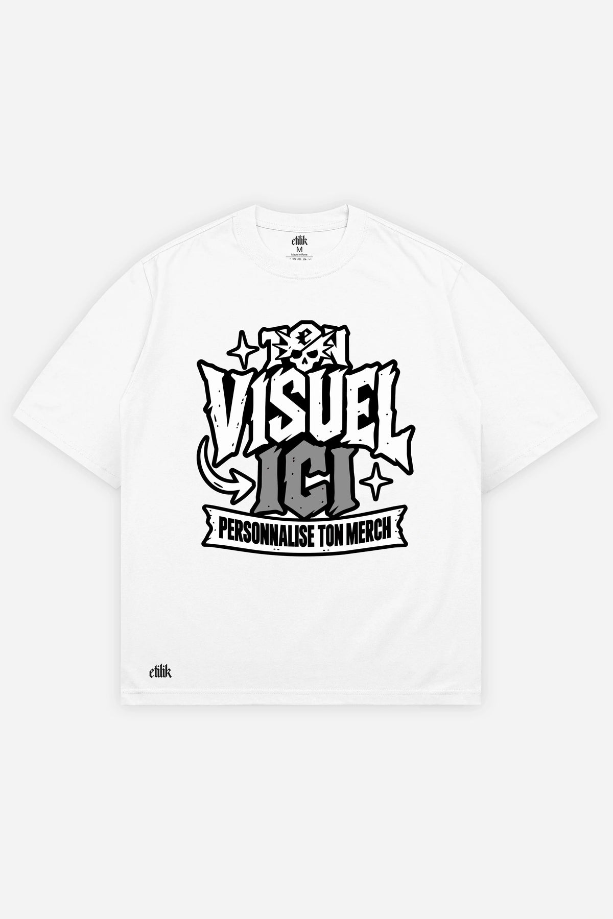 T-shirt oversize personnalisé blanc, face avant, exemple avec un visuel