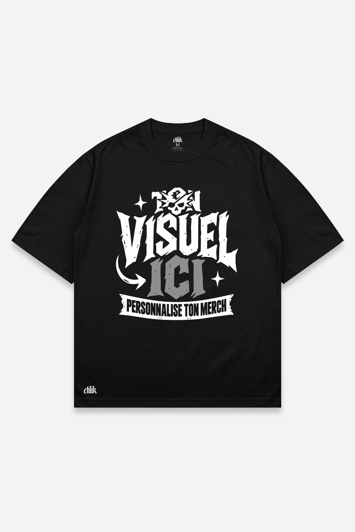 T-shirt oversize personnalisé noir, face avant, exemple avec un visuel