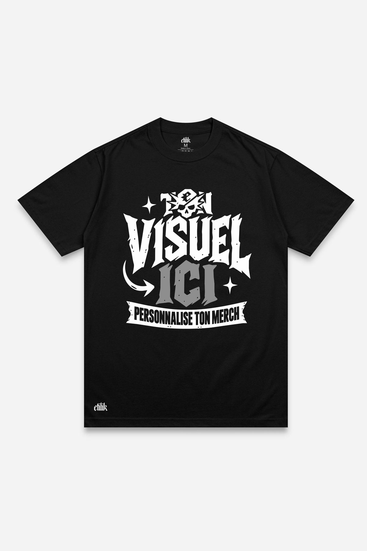 T-shirt personnalisé noir, face avant, exemple avec un visuel