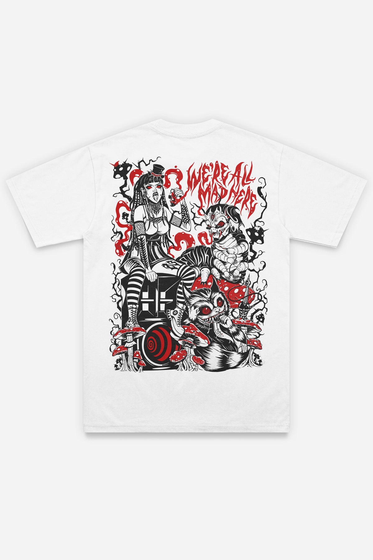 T-shirt We're all mad blanc régular, dos : bootleg Alice au pays des merveilles, Etilik Wear