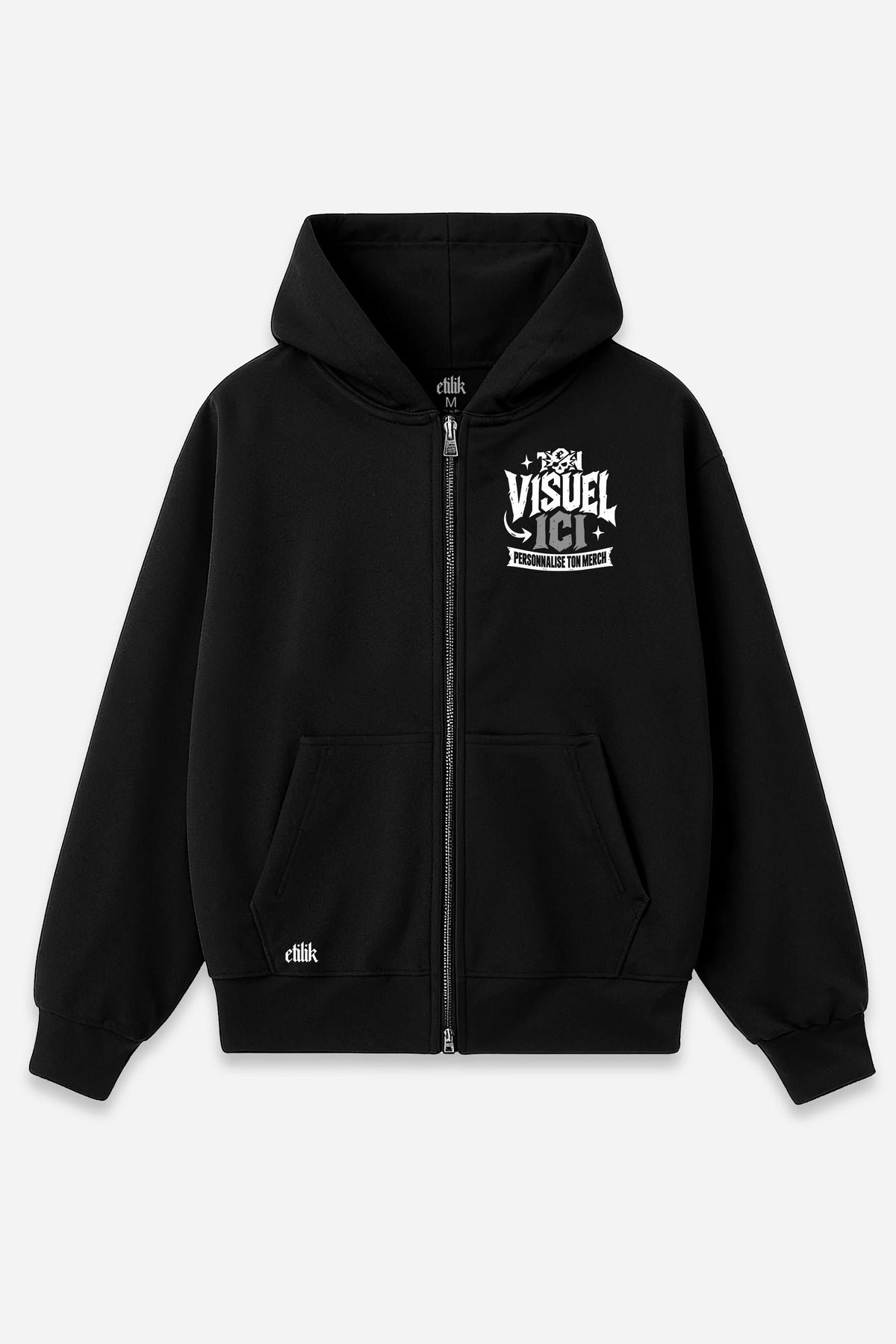 Sweat zippé personnalisé noir, face avant, exemple avec un visuel