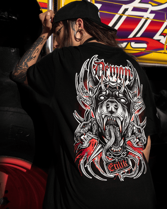 T-shirt Demon, dos : design free party signé Steven Corredor, teuf rave techno, Etilik Wear