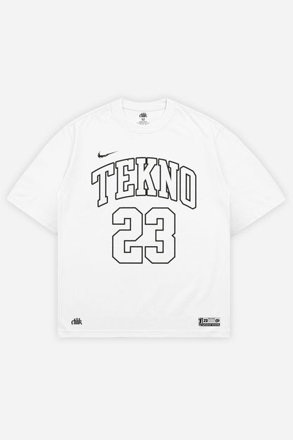 T-shirt 23 Tekno blanc oversize, face : design tekno signé Scalpel, free party teuf, Etilik Wear