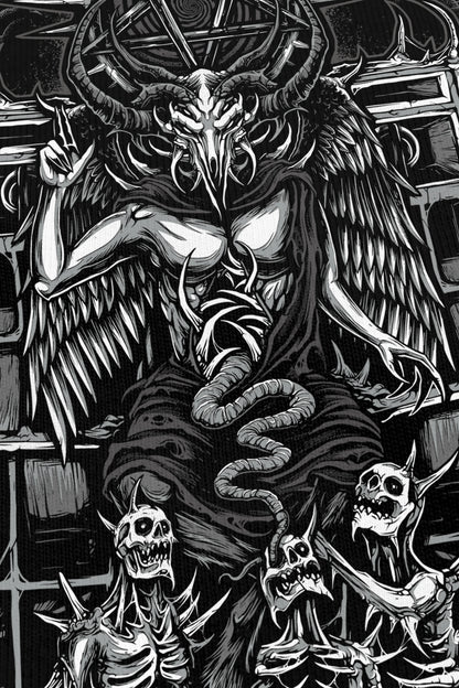 666 noir, zoom sur l'impression du visuel, design tattoo dark art démon occulte, Etilik Wear