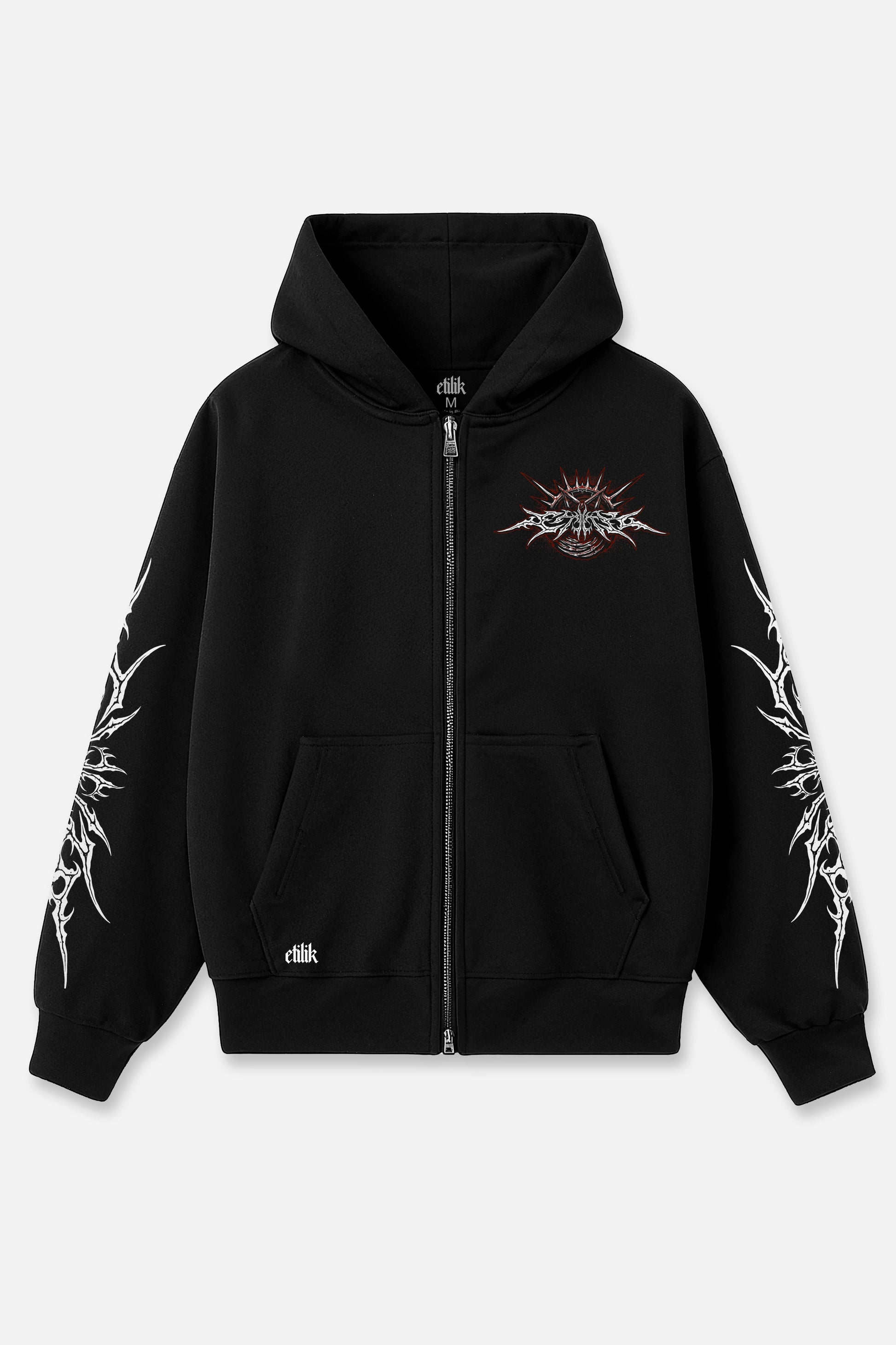 Veste à capuche zippée 666 rouge, face : logo Etilik, free party rave, sweat à capuche Etilik Wear