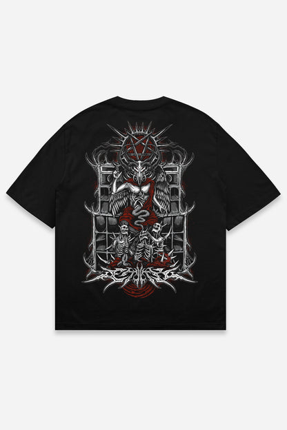 T-shirt 666 red noir oversize, dos : design tattoo dark art démon occulte, free party, Etilik Wear