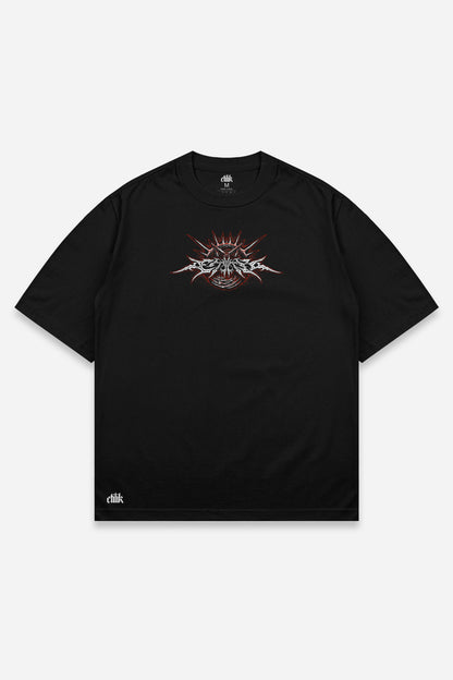 T-shirt 666 red noir oversize, face : design tattoo dark art démon occulte, free party, Etilik Wear