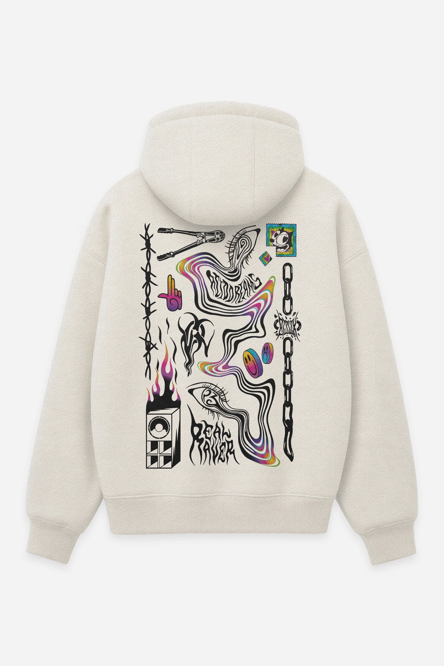 Hoodie Acid Dream vanilla, dos : design acid psychédélique, free party, sweat à capuche Etilik Wear