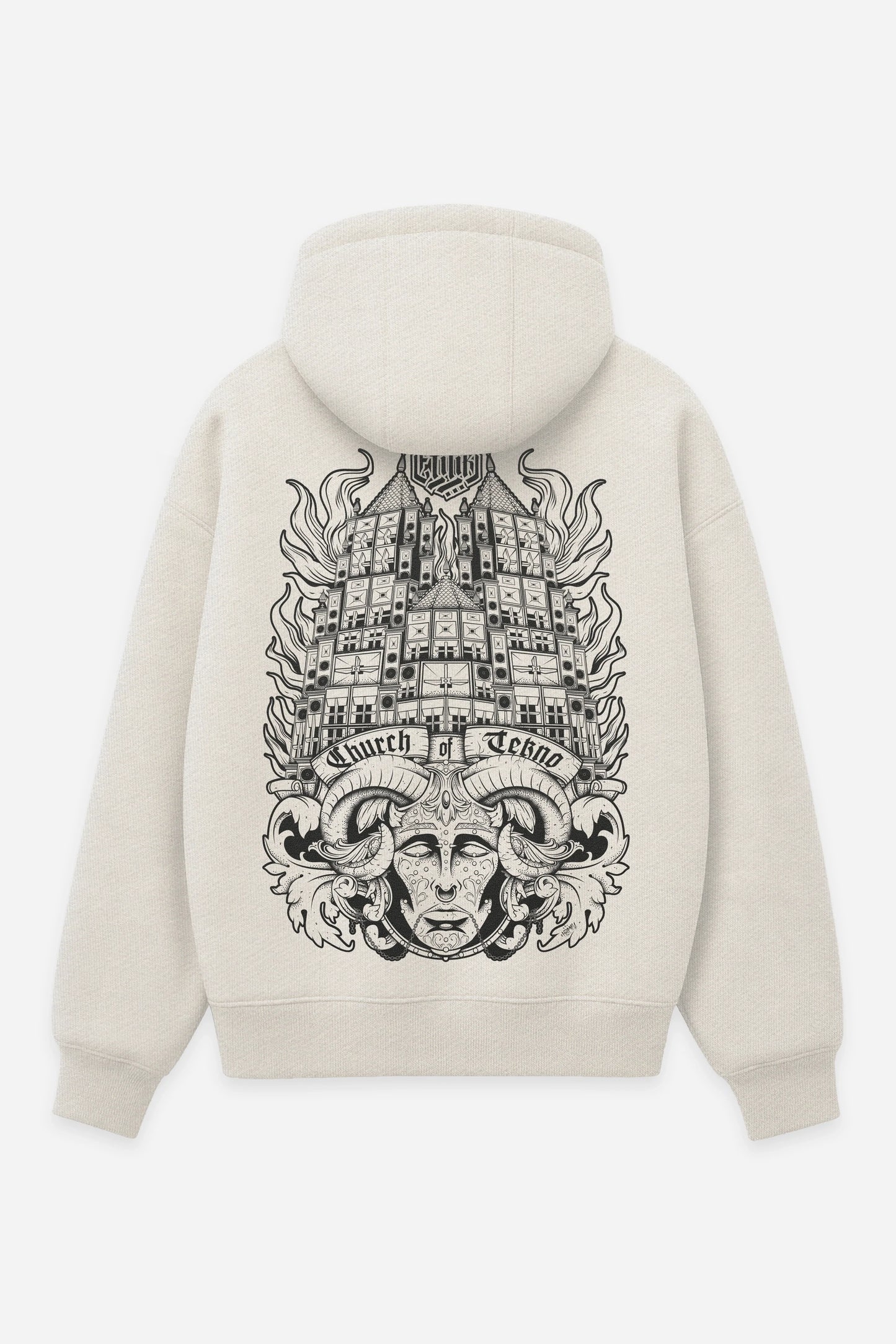 Hoodie Church Of Tekno vanilla, dos : design free party teuf tekno occulte, sweat à capuche Etilik Wear