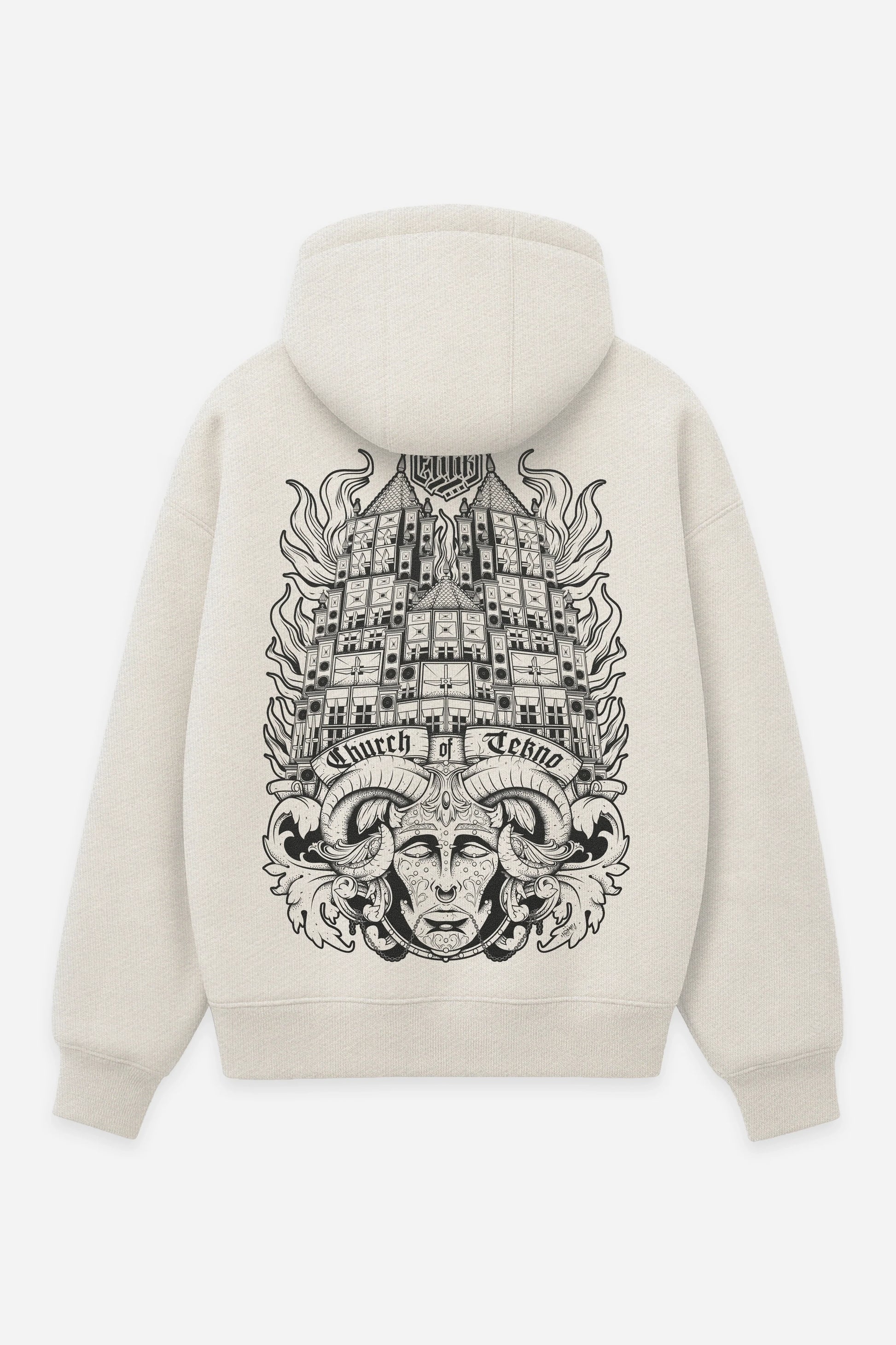 Hoodie Church Of Tekno vanilla, dos : design free party teuf tekno occulte, sweat à capuche Etilik Wear