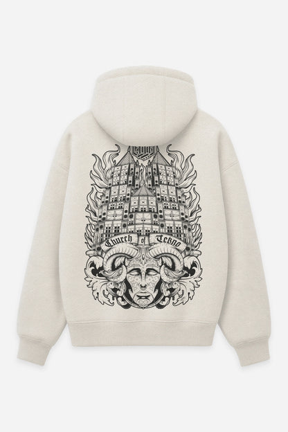 Hoodie Church Of Tekno vanilla, dos : design free party teuf tekno occulte, sweat à capuche Etilik Wear