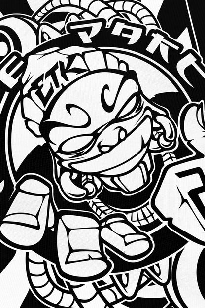 T-shirt Free Party noir, zoom sur l'impression du visuel, mascotte cartoon free party teuf, Etilik Wear