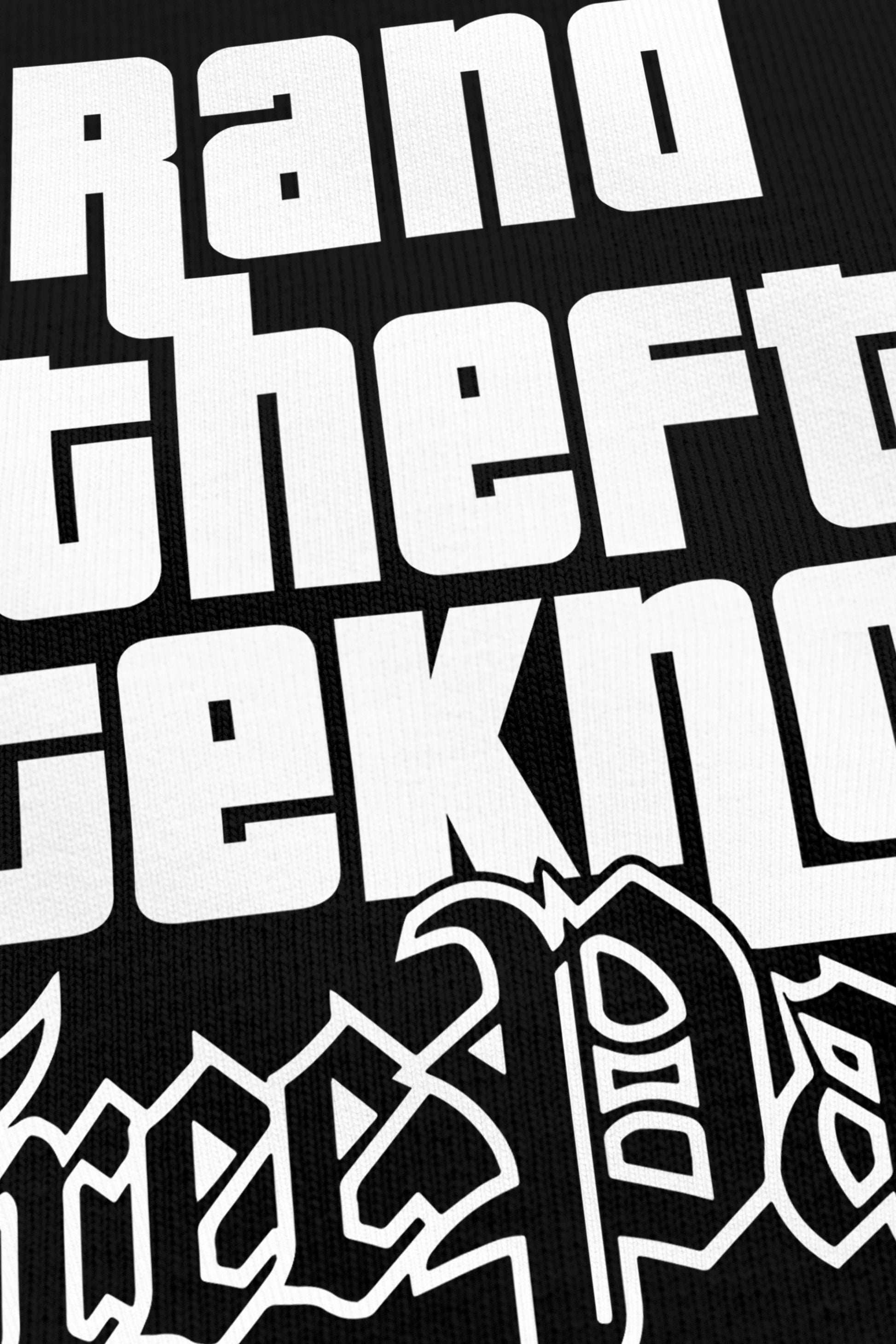 Grand Theft Tekno noir, zoom sur l'impression du visuel, Etilik Wear