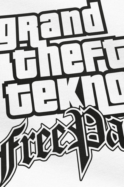 Grand Theft Tekno blanc, zoom sur l'impression du visuel, Etilik Wear