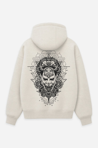 Hoodie Hannyacore vanilla, dos : masque Hannya, design tattoo irezumi hardcore, sweat à capuche Etilik Wear