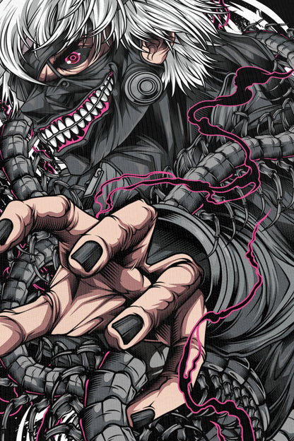 Kaneki Pink noir, zoom sur l'impression du visuel, bootleg Tokyo Ghoul, Etilik Wear