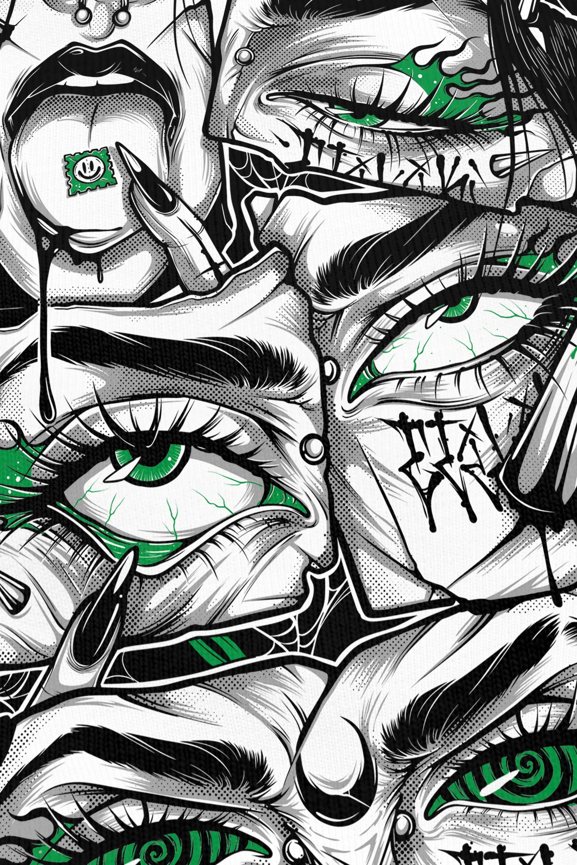 Lysergik Green noir, zoom sur l'impression du visuel, Etilik Wear