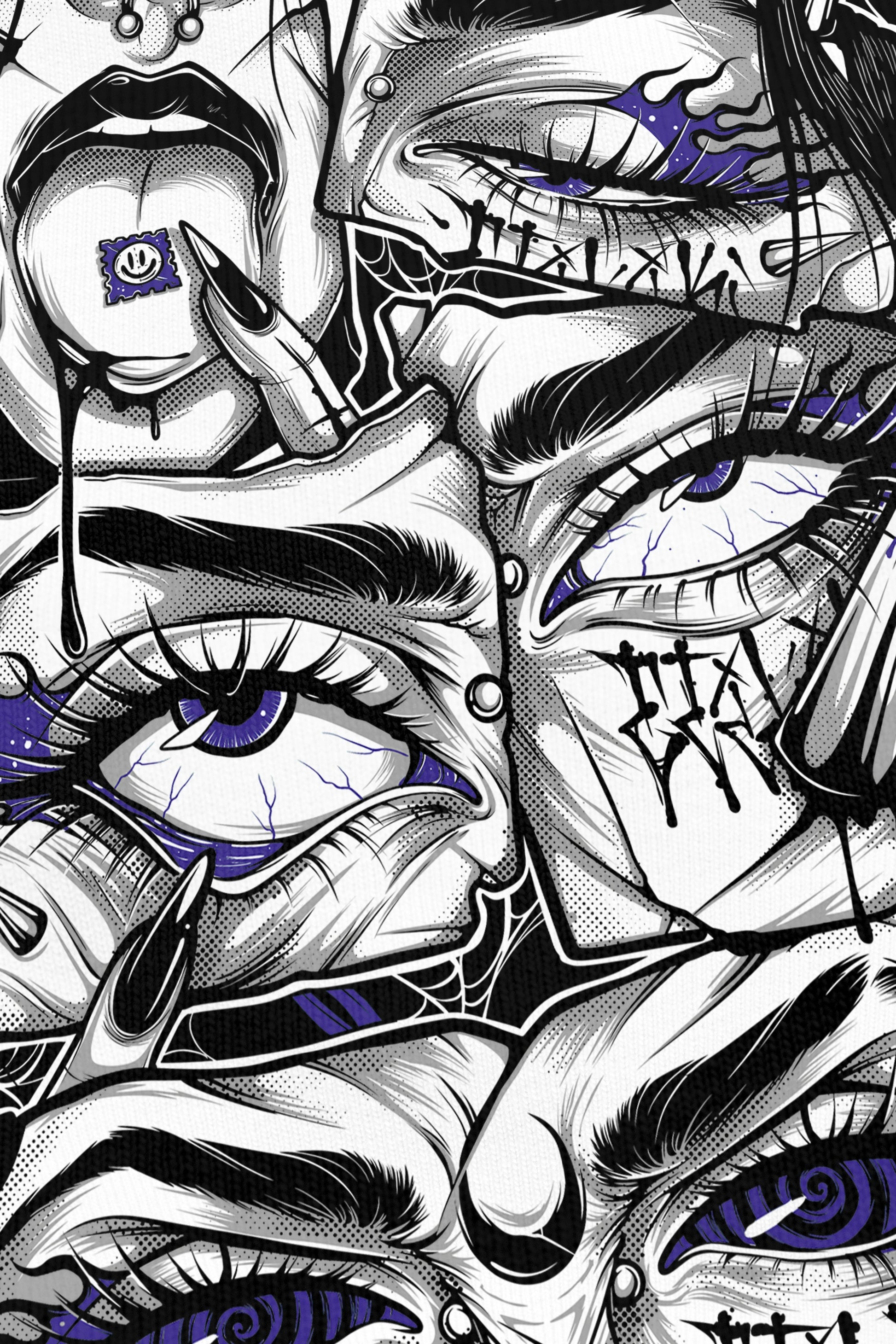 Lysergik Purple noir, zoom sur l'impression du visuel, Etilik Wear