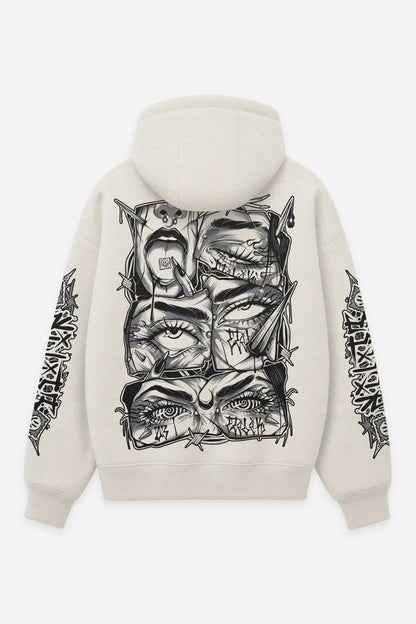 Hoodie Lysergik grey vanilla, dos : design free party acid hypnotique, sweat à capuche Etilik Wear