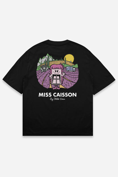 T-shirt Miss Caisson noir oversize, dos : Madame Caisson, personnage enceinte de sound system, Etilik Wear