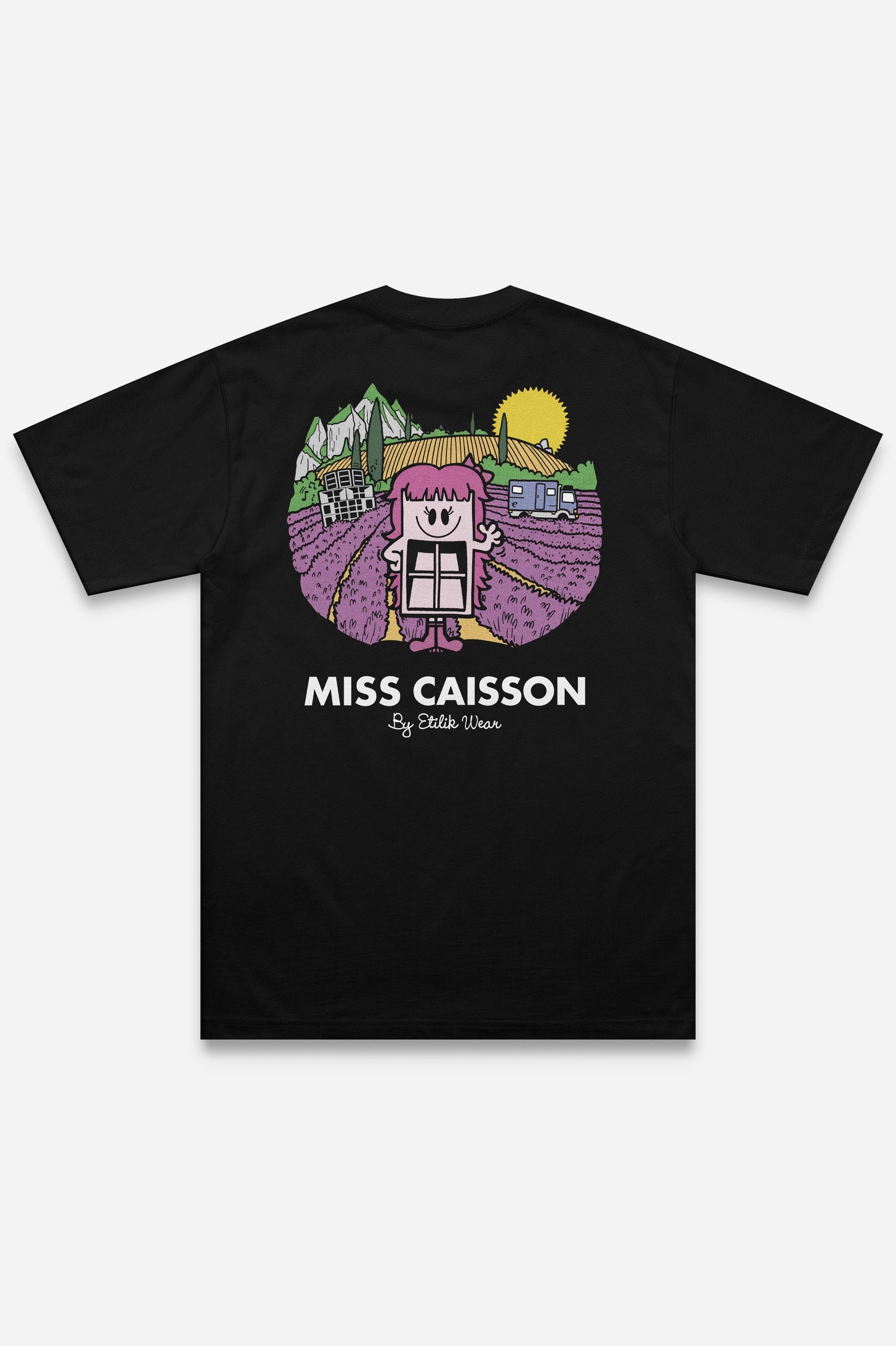 T-shirt Miss Caisson noir coupe régular, dos : Madame Caisson, personnage enceinte de sound system, Etilik Wear