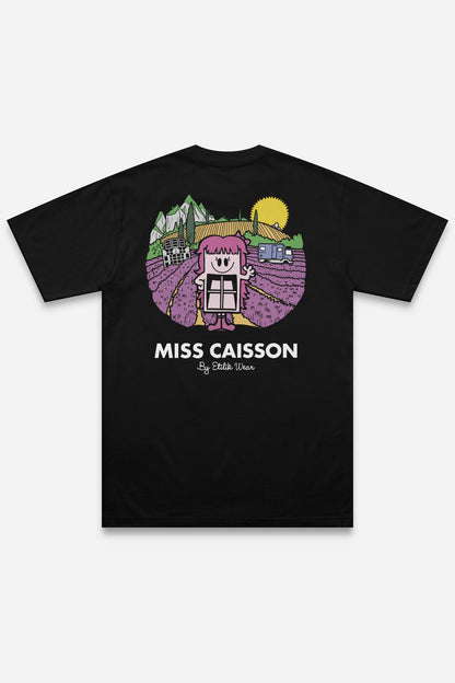 T-shirt Miss Caisson noir coupe régular, dos : Madame Caisson, personnage enceinte de sound system, Etilik Wear
