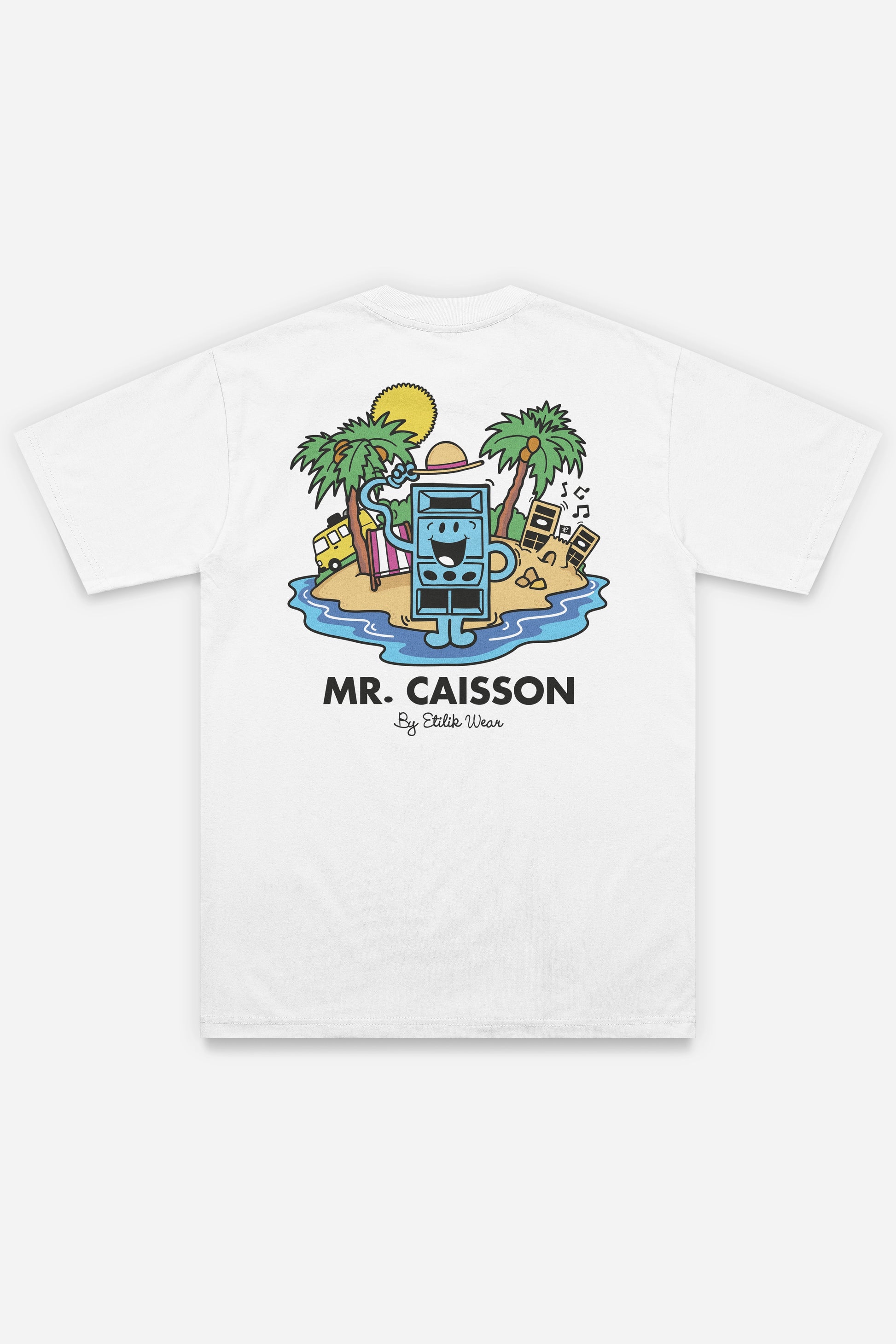 T-shirt Mr Caisson blanc coupe régular, dos : Monsieur Caisson, personnage de sound system, Etilik Wear