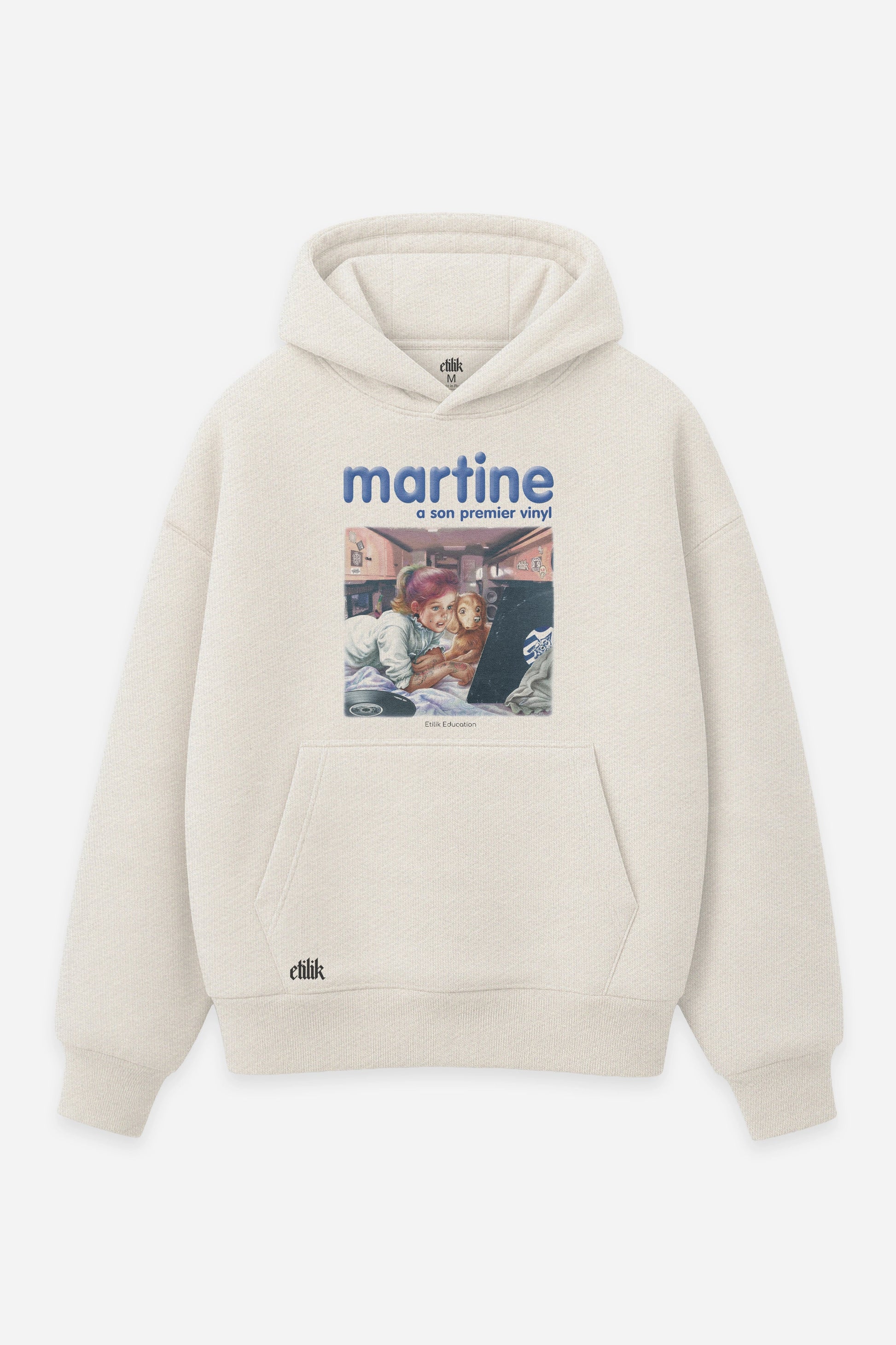 Hoodie Martine a son premier vinyl vanilla, face : bootleg de Martine, BD vintage détournée, free party teuf, Etilik Wear