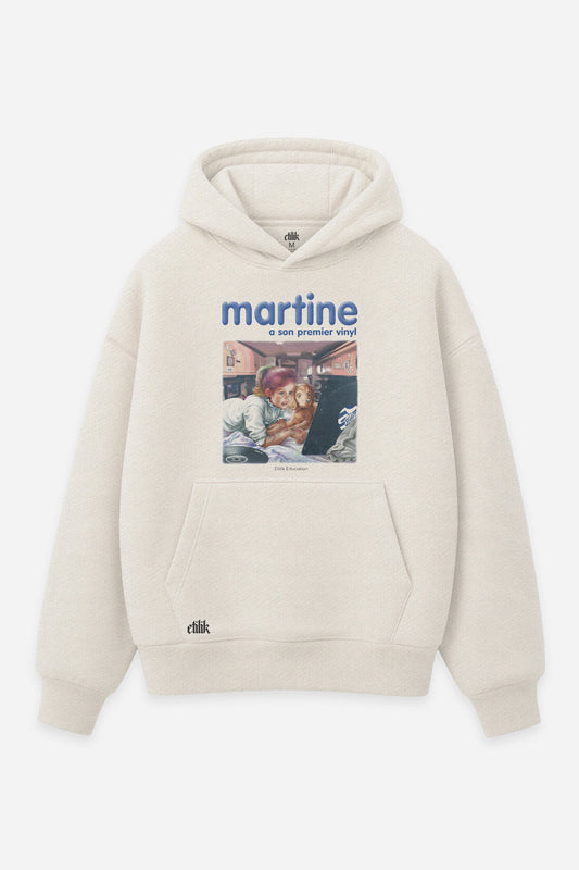Hoodie Martine a son premier vinyl vanilla, face : bootleg de Martine, BD vintage détournée, free party teuf, Etilik Wear