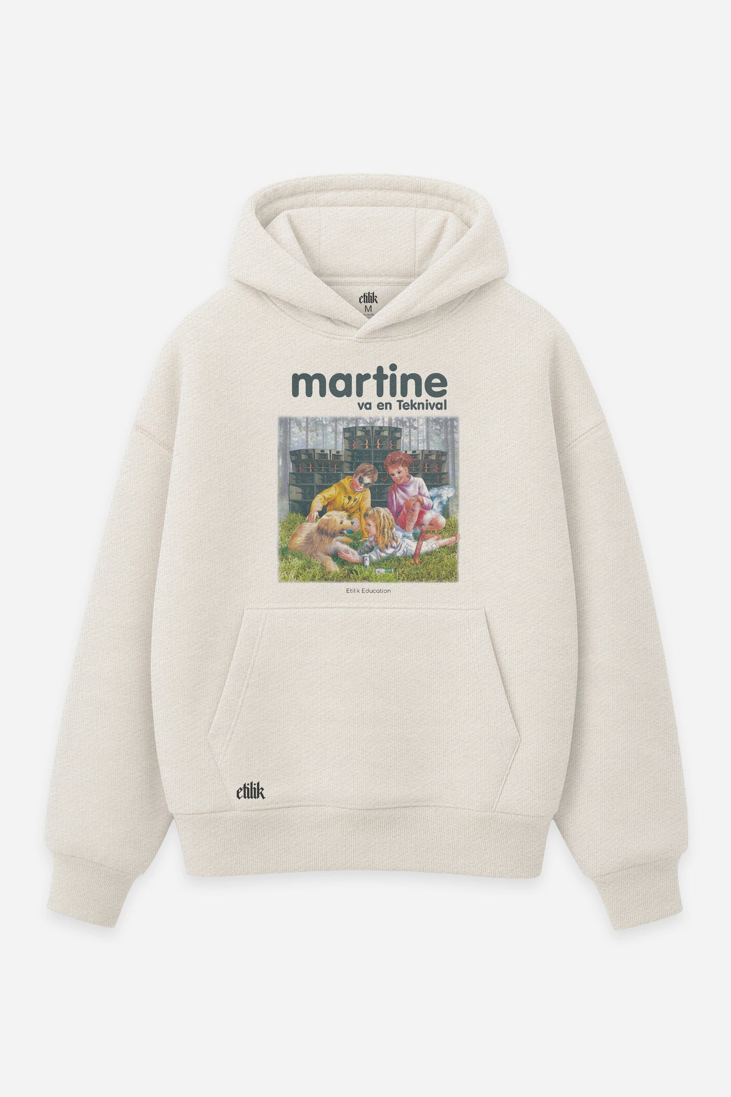 Hoodie Martine va en Teknival vanilla, face : bootleg de Martine, BD vintage détournée, free party teuf, Etilik Wear