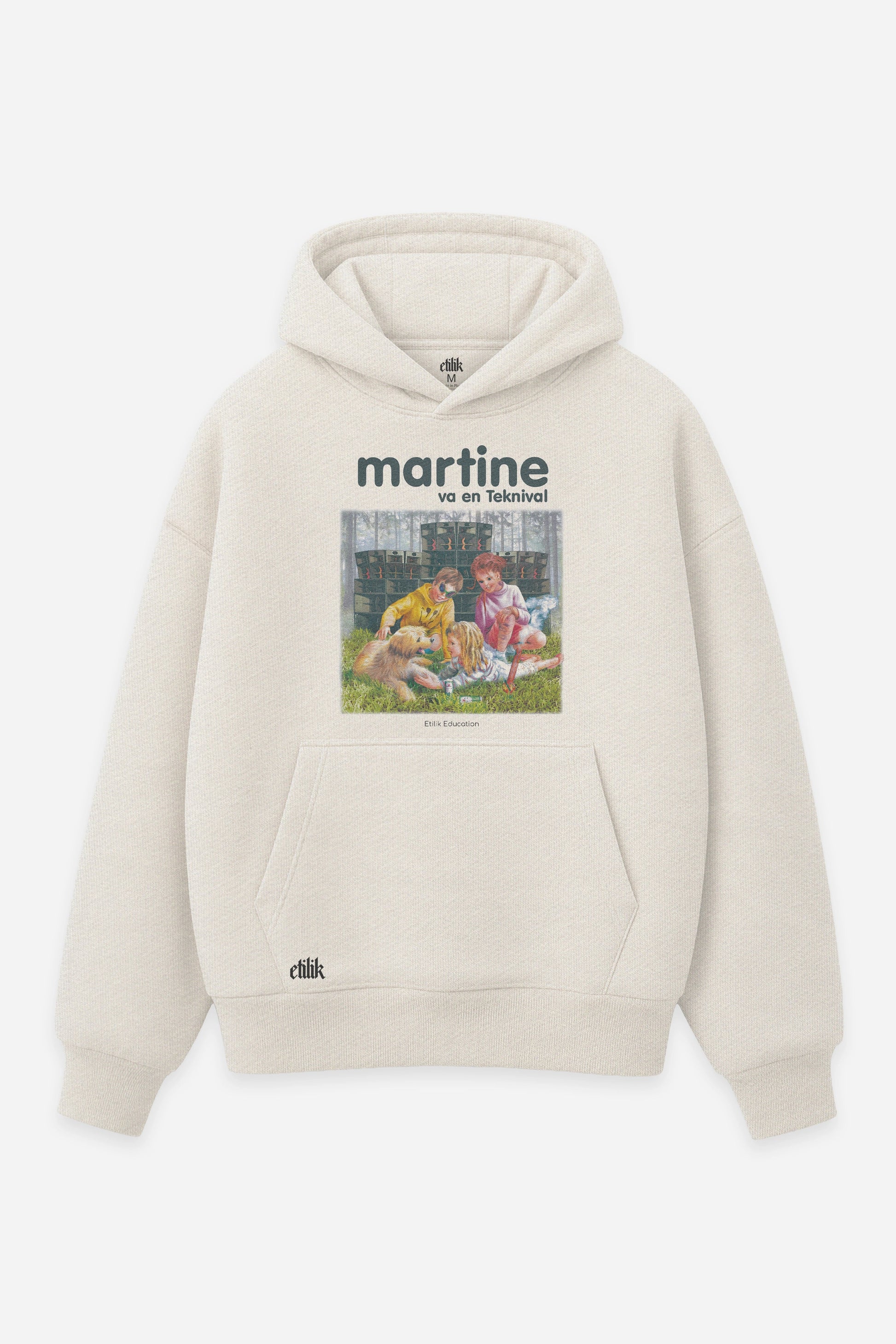 Hoodie Martine va en Teknival vanilla, face : bootleg de Martine, BD vintage détournée, free party teuf, Etilik Wear