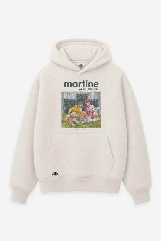 Hoodie Martine va en Teknival vanilla, face : bootleg de Martine, BD vintage détournée, free party teuf, Etilik Wear