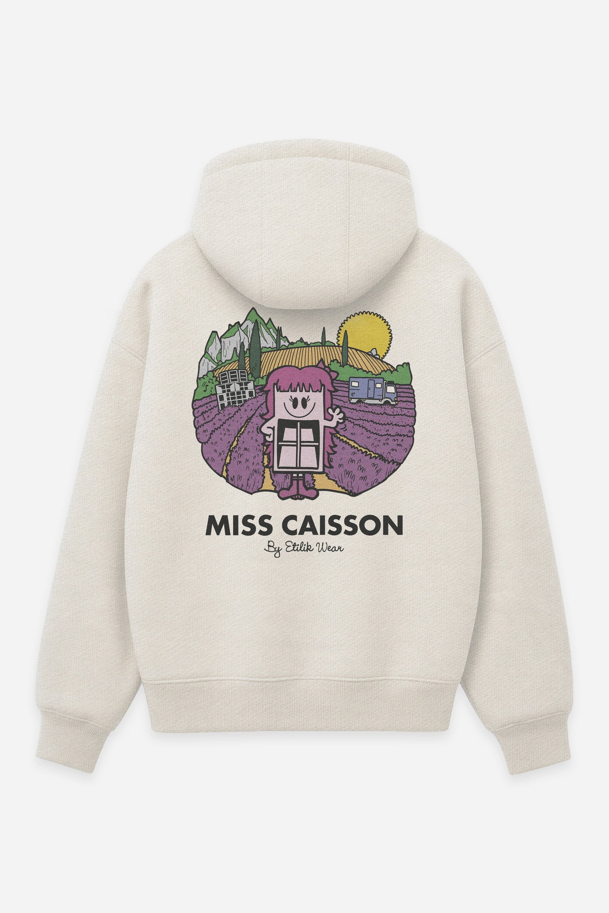 Hoodie Miss Caisson vanilla, dos : Madame Caisson, personnage enceinte de sound system, sweat à capuche Etilik Wear
