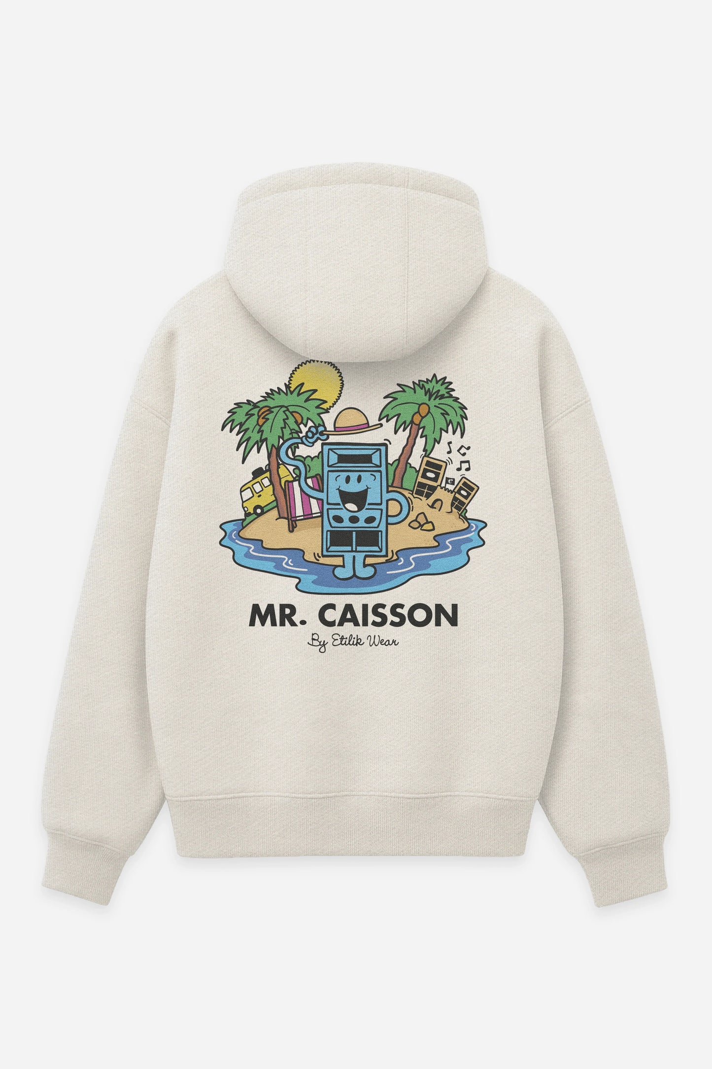Hoodie Mr Caisson vanilla, dos : Mr Caisson, personnage enceinte de sound system, sweat à capuche Etilik Wear