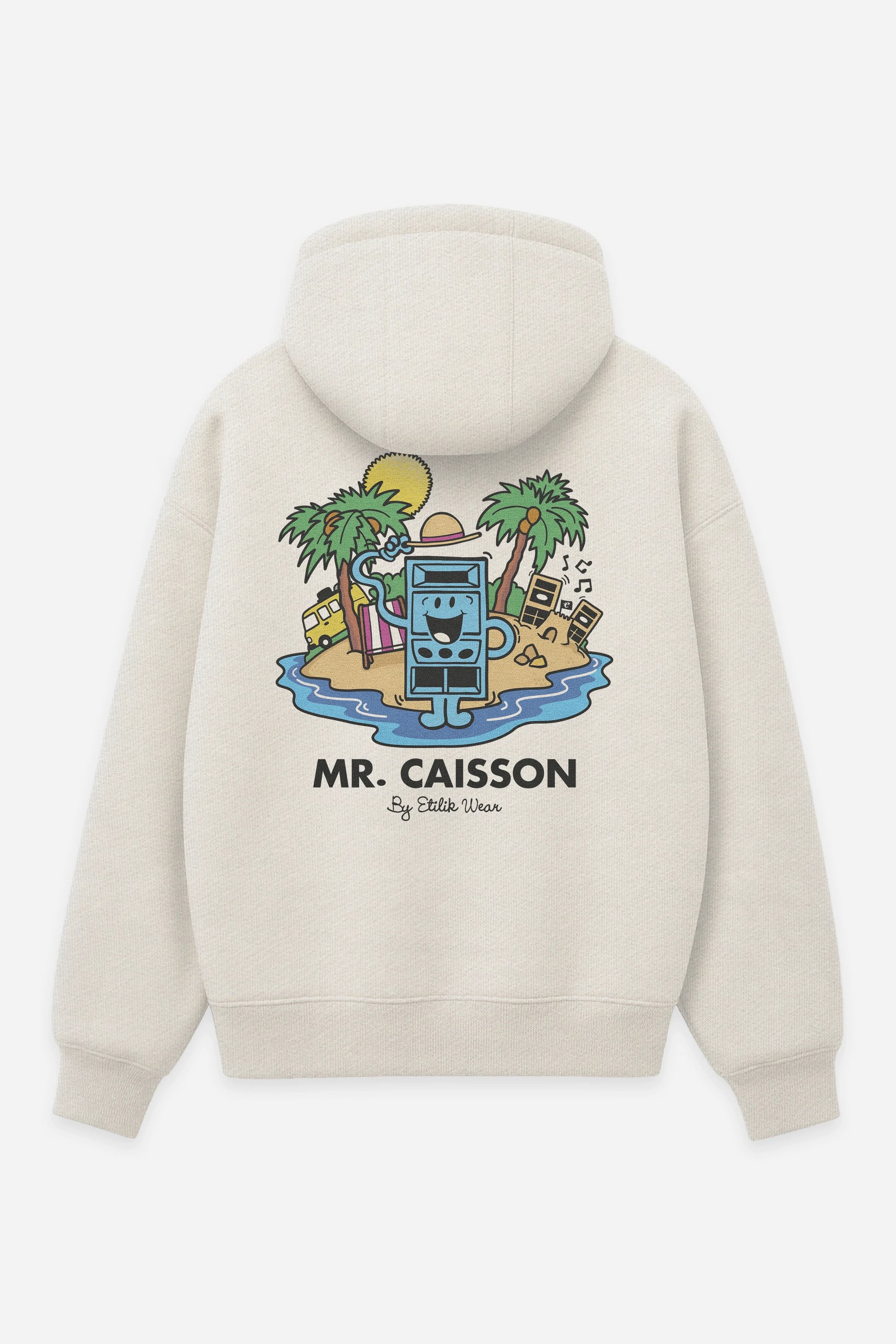 Hoodie Mr Caisson vanilla, dos : Mr Caisson, personnage enceinte de sound system, sweat à capuche Etilik Wear