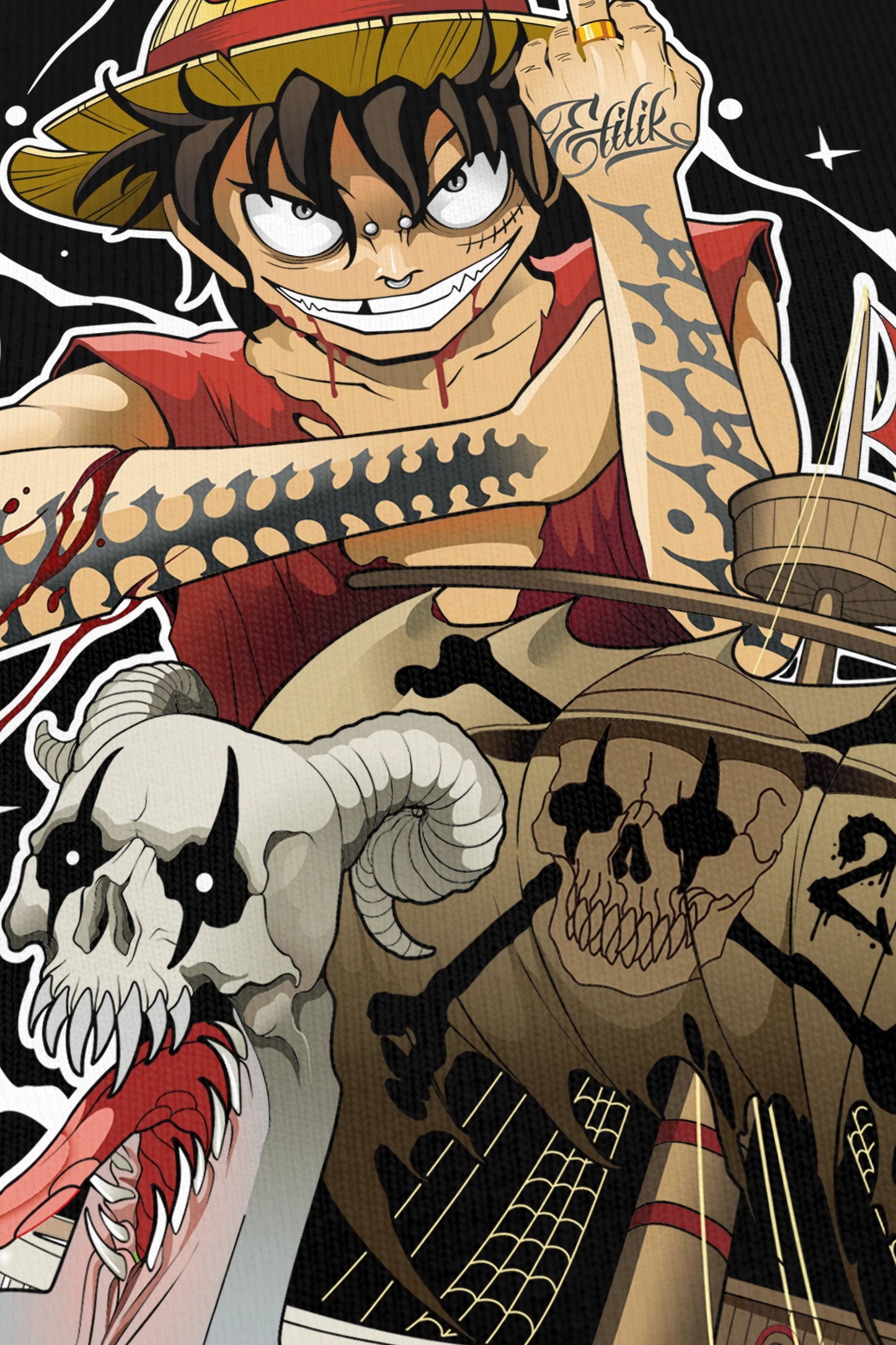 Pirate Life noir, zoom sur l'impression du visuel, Etilik Wear