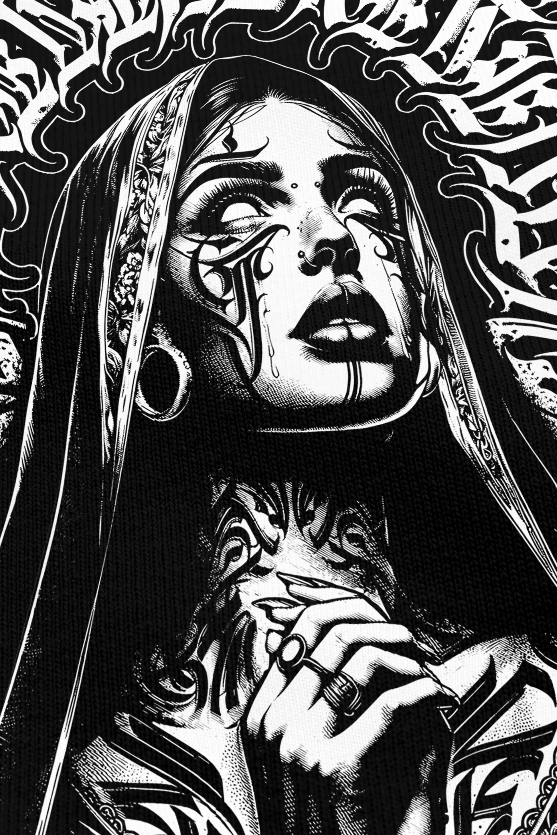 Pray for the Rave noir, zoom sur l'impression du visuel, Etilik Wear