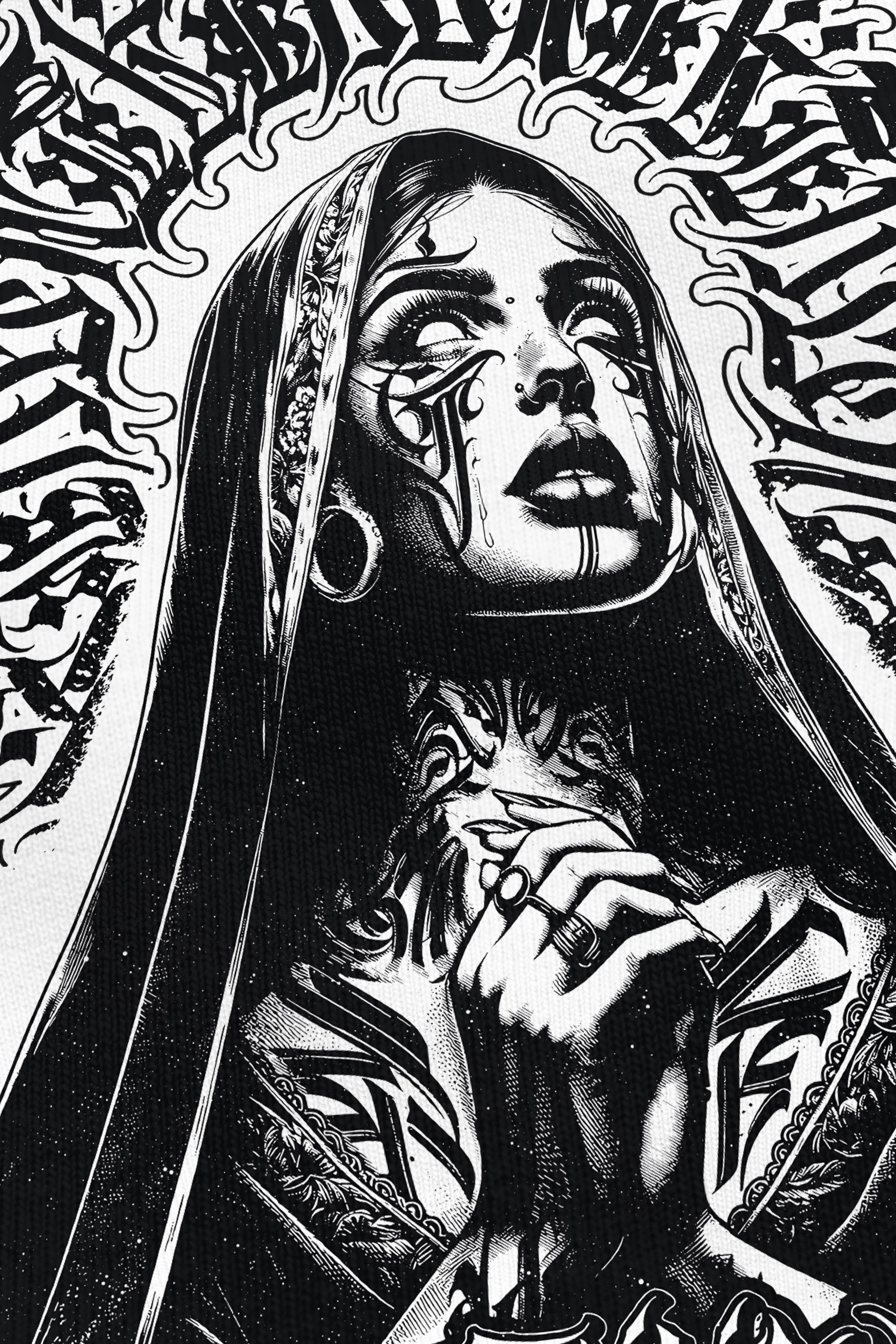 Pray for the Rave blanc, zoom sur l'impression du visuel, Etilik Wear