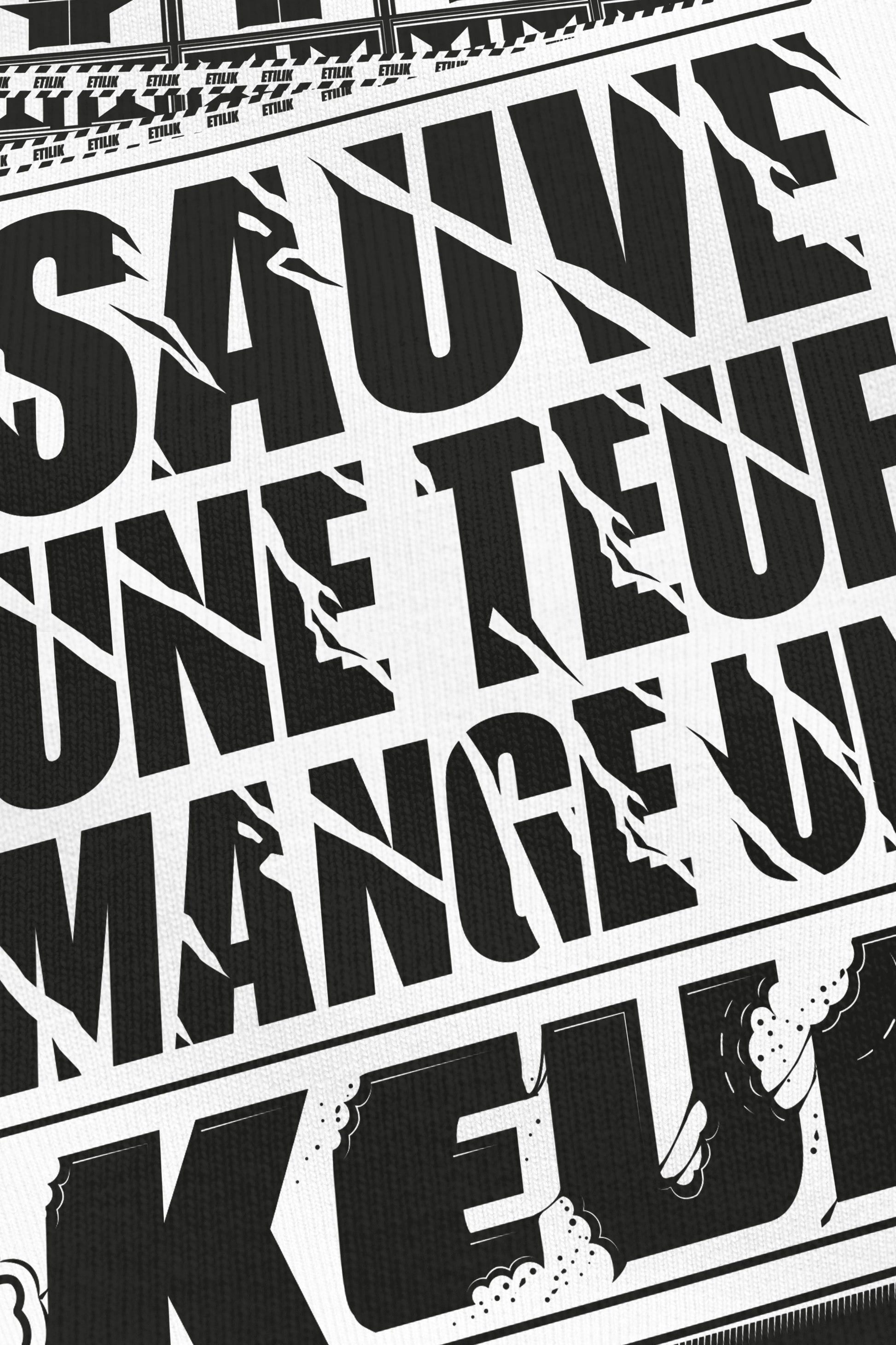 Sauve une teuf blanc, zoom sur l'impression du visuel, Etilik Wear